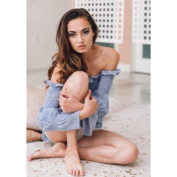 Smocked Off The Shoulder Blue Stripe Top - Picture 4 of 4